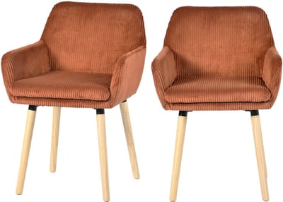 Meubles Cosy Eetkamerstoel - Set Van 2 Fluweel Ribstof Houten Poten Scandinavisch Design- Baksteenrood