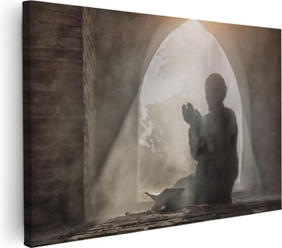 Artaza Canvas Schilderij Biddende Man - 30x20 cm - Klein - Wanddecoratie Islamitisch - Muurdecoratie Silhouet - Kamer Accessoires Moskee