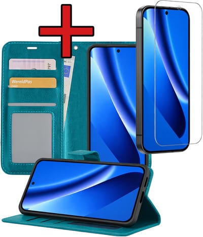 Hoesje - Met Screenprotector - Geschikt voor Google Pixel 10a - Luxe Pasjeshouder - Flipcase - Bookcase Portemonee - Flip Case - Kunstleer Book Case - Book Cover - Walletcase - Portemonneehoes - Telefoonhoes - Turquoise