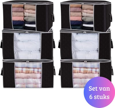 Janse® Dekbed organizer XL set van 6 - Zwart - Kleding organizers - Opbergzak - Opslagtas - Opslagbox - Flexibele opberger - Kast organizer - Opbergtas met rits en handvatten - Beschermhoes voor kleding - Opbergzakken