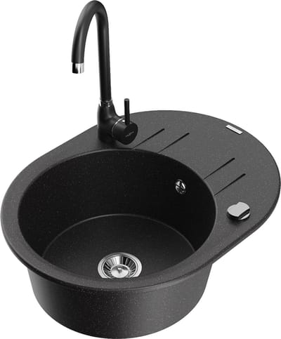 Mexen Kevin granieten spoelbak 1-komps met afdruiprek en keukenkraan Telma, zwart/zilver metallic - 6517-73-670200-70