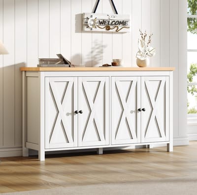 FloraGrace Dressoir - Opbergkast Met 4 Deuren En Verstelbare Planken - Voor Woonkamer Hal En Keuken - MDF - 140x40x78 Cm - Wit