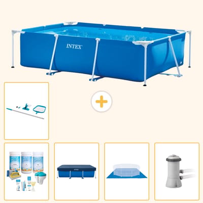 Intex Rechthoekig Frame Zwembad - 300 x 200 x 75 cm - Blauw - Inclusief Onderhoudspakket - Afdekzeil - Grondzeil - Zwembadfilterpomp - Schoonmaakset - 6-delig