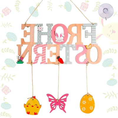 Decoratieve Houten Paasbord met Eieren, Vlinders en Kippen voor Deur en Muurdecoratie - Perfect voor Pasen en Feestdagen