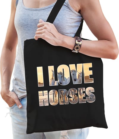 I love horses / paarden tas zwart dames - paarden tas / bedrukte tassen - cadeau tas / paarden shopper