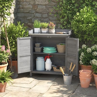 MEUNIQ tuinopbergkast met planttafel 83 x 40 x 92 cm, houten bergkast met 2 deuren, 2 binnenvakken en verzinkt metalen werkblad voor tuin en balkon, grijs