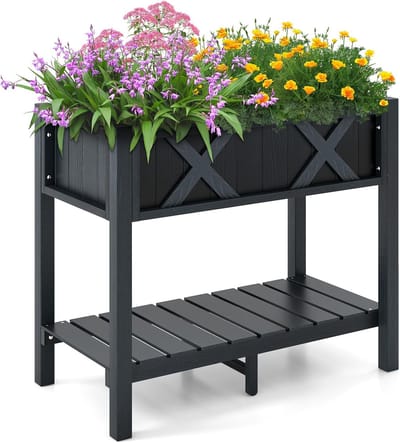 KOMFOTTEU Verhoogd tuinbed met legplank, verhoogd tuinbed met afvoergaten, weerbestendig, kruidenbed voor tuin en terras, 86 x 45 x 73 cm