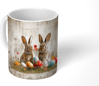 Mok - Koffiemok - Konijnen - Bloemen - Eieren - Mokken - 350 ML - Beker - Koffiemokken - Theemok