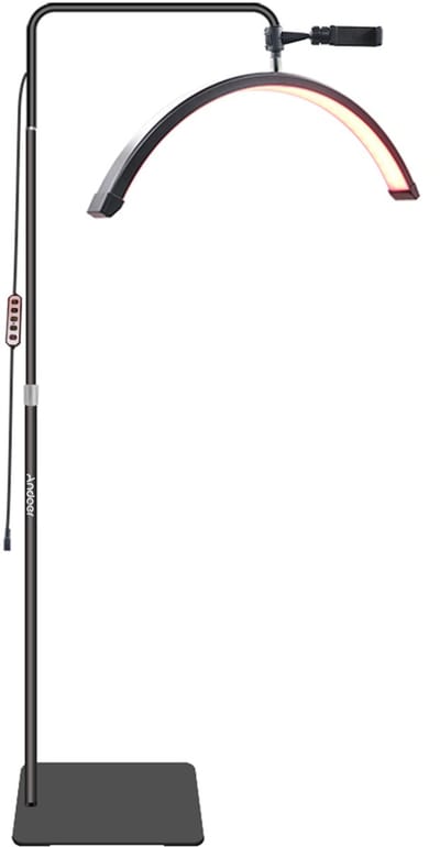 36W Halve-maan LED Vloerlamp – Dimbaar 3200K-5600K – Met 186 cm Statief, Telefoonhouder & Afstandsbediening – Geschikt voor Beauty Salon, Make-up, Live Streaming & Slaapkamerverlichting – Zwart
