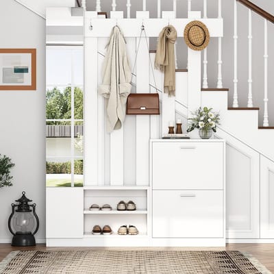 Pugsdrly 135*25*180 cm Garderobeset met spiegel, halmeubel, hangrek, compacte garderobe, met 2 schoenenkasten met klapdeuren onderaan + 2 opbergkasten, geschikt voor deuropeningen, gangen, wit
