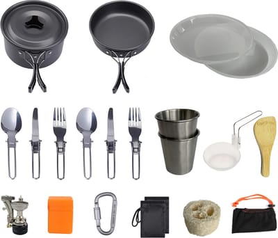 Hikr® Camping Pannenset - Premium complete 22-delige kookset - Lichtgewicht - Kookgerei servies - Outdoor - BPA-vrij - Keukengerei set