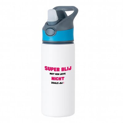Hacebo® - super blij met een lieve nicht zoals jij waterfles met rietje blauw - Nicht - de liefste nicht - verjaardag - cadeautje voor nicht - nicht artikelen - kado - geschenk - water fles - 650ML