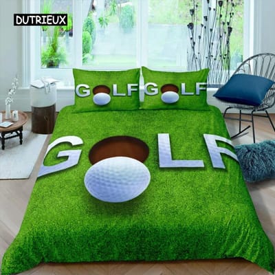 Golf Dekbedovertrek Set Golfclub Atleet Eenpersoons Beddengoed Set Microvezel Gras Blad Takken Sportspel Thema Dubbel King Dekbedovertrek US Full(200x230cm)