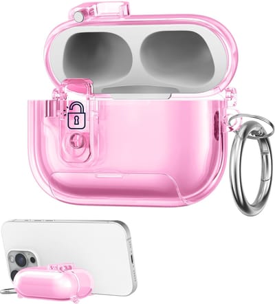 kwmobile Transparante hoofdtelefooncase voor Apple Airpods Pro 2 / Pro 1 hoes - Headphones TPU cover met standaardfunctie en veiligheidsvergrendeling - poederroze