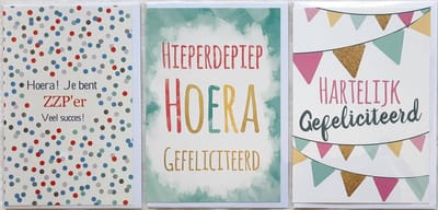 3 Wenskaarten - Hoera! Je bent ZZP'er Veel Succes! + Hartelijk Gefeliciteerd + Hieperdepiep Hoera - 12 x 17 cm – ZZP-301
