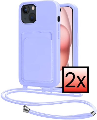 Hoes Geschikt voor iPhone 15 Plus Hoesje Pasjeshouder Cover Met Koord Case Siliconen Hoes Met Telefoonkoord en Kaarthouder - Lila - 2 PACK