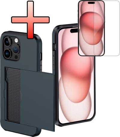 Hoes Geschikt voor iPhone 15 Pro Hoesje Pasjeshouder Hard Cover Met Screenprotector Shock Proof Hard Case Hoes Met Kaarthouder - Donkerblauw