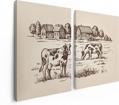 Artaza Canvas Schilderij Tweeluik Getekende Koeien Op Een Boerderij - Abstract - 120x80 - Foto Op Canvas - Canvas Print