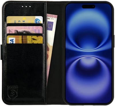Rosso Element Geschikt voor Apple iPhone 16 Plus | Wallet Book Case | Portemonnee Hoesje | 3 Pasjes | Magneetsluiting | Stand Functie | Zwart