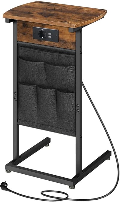 TRANKIELO® - Multifunctionele C-Vormige Bijzettafel met Laadstation – Vintage Bruin en Zwart – Ruimtebesparend – Ideaal voor Kleine Ruimtes
