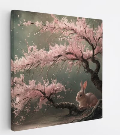 Saammp Canvas Schilderij - Haas bij roze boom - Landschap - Natuur - 20x20 - Foto op canvas - Wanddecoratie - Muurdecoratie Woonkamer - Slaapkamer decoratie - Canvas Print