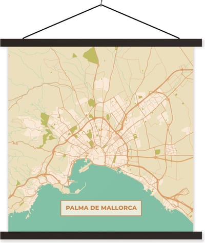 Posterhanger incl. Poster 60x60 cm - Schoolplaat - Mallorca - Stadskaart - Vintage - Plattegrond - Kaart - Textielposter - Zwarte latten - Stadskaart