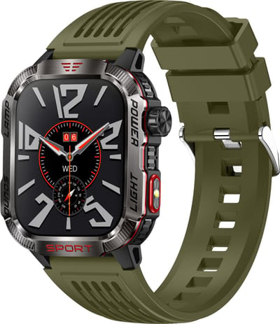 Knobbout Outdoor Smartwatch 2.01”Scherm Extra Groot Scherm – Militair Standaard Schok & Krasbestendig - Zaklamp + SOS - Kompas & Hoogtemeter - GezondheidsmonitorBluetooth Bellen -AI Spraakassistent- 600mAh -IP68 -wart staal+ siliconen band - Groen