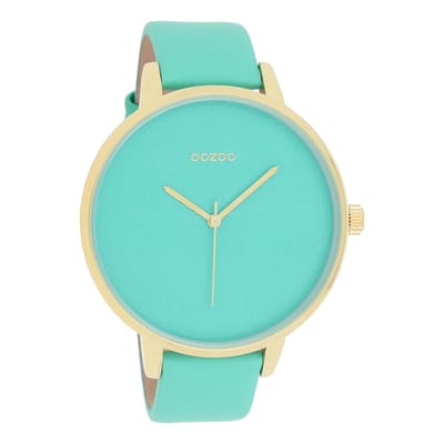 OOZOO Timepieces - Goudkleurige horloge met biscay groene leren band - C10573