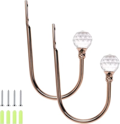 Set van 2 roségouden gordijnhouders met kristallen haken - Metalen U-haak voor ramen, ideaal voor het bevestigen van gordijnen en decoratieve tiebacks