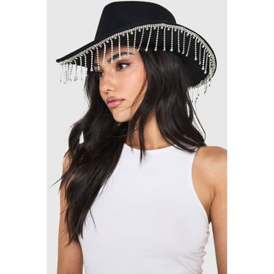 boohoo Dames Zwarte Diamante Cowboyhoed met Kwastaccent | Black