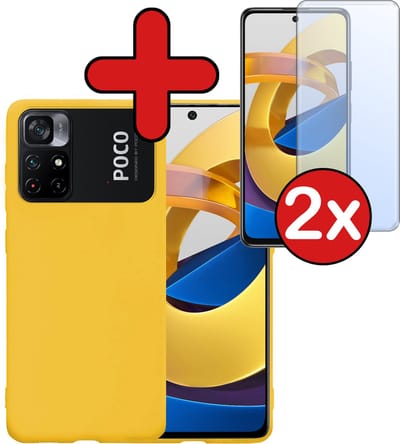 Hoesje - Met 2x Screenprotector - Geschikt voor Xiaomi Poco M4 Pro 5G - Sterk & Shockproof - Telefoon Hoes - Back Cover - Siliconen Case - Telefoonhoes - Geel