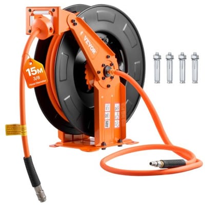 VEVOR persluchtslanghaspel, slangoproller voor 15 m x 9,5 mm hybride persluchtslang, 20 bar, automatische slangoproller met 1,52 m voedingskabel, plafond-/wandmontage, dubbele arm van staal