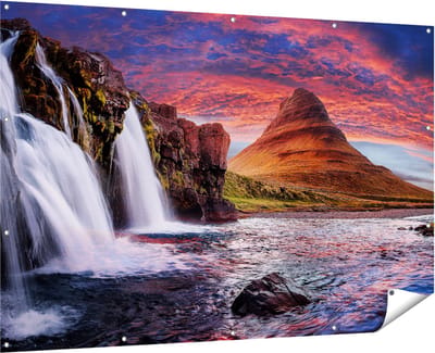Gards Tuinposter Waterval bij een Berg - 180x120 cm - Tuindoek - Tuindecoratie - Wanddecoratie buiten - Tuinschilderij