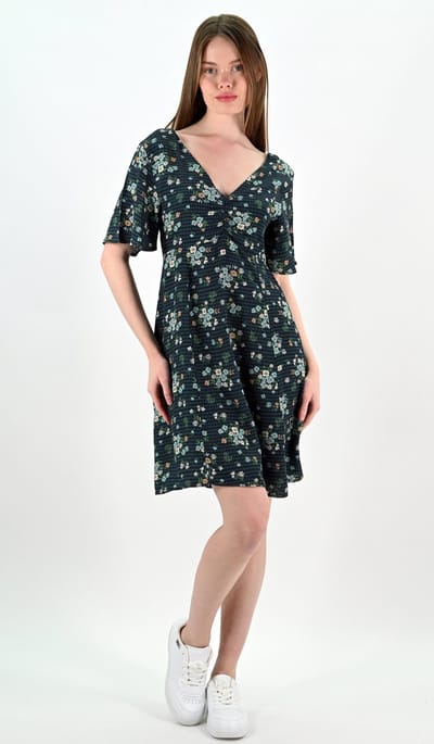YesMooi - Mini Jurk met Bloemenprint - V-hals en Open Rug - XXL (44) - Donkergroen | Blauw | Oranje