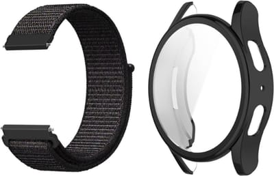 Strap-it Nylon band Zwart + TPU Case zwart - Geschikt voor Samsung Galaxy Watch 4 40mm - Bescherming hoesje voor Galaxy Watch 4 40mm smartwatch - Zachte nylon band zwart + TPU Case zwart