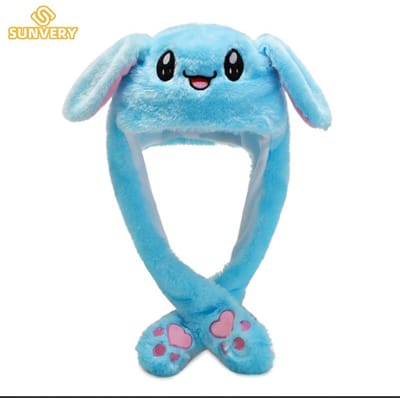 Chapeau Lapin qui Saute Peluche Oreilles Drôle Lumineux Bougeant Lapin Cosplay Halloween Fête de Noël 5-18 Ans et Adulte blue