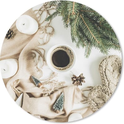 Muismat rond 20x20 cm - Mousepad Winter - Koffie - Dennentak - Ronde muismatten - Kerst - Cadeau - Kerstcadeau voor mannen en voor vrouwen