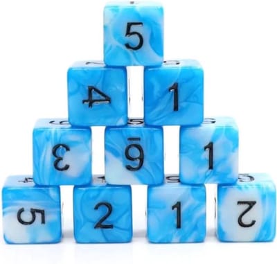 10D6 | Dobbelstenen - Set Van 10 Stuks - Blauw Wit en Zwart | Voor D&D en Andere Rollenspellen | Plastic Dobbelstenen Set voor Dungeons and Dragons | RPG | Zwarte Velvet Dice Bag voor Ongeveer 3 Sets