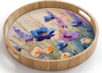 Dienblad rond 40x40 cm - Schootdienblad hout - Zomers - Wilde bloemen - Penseelstreken - Borrelplank rechthoek - Plateau houten dienbladen
