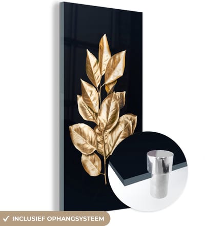 MuchoWow® Glasschilderij 60x120 cm - Schilderij acrylglas - Plant - Bladeren - Goud - Zwart - Luxe - Foto op glas - Schilderijen