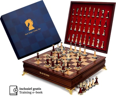 Ravendi Imperium – Luxe Houten Schaakset – Metalen Goud- en Zilverkleurige Schaakstukken – Handgemaakt Decoratief Schaakbord – 38x38 cm – Solid Wood Chess Set – Premium Schaken – Schaakspel – Met Luxe Opbergsysteem – Home Decor – Ideaal cadeau
