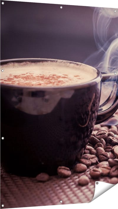 Gards Tuinposter Hete Koffie Kop met Koffiebonen - 100x150 cm - Tuindoek - Tuindecoratie - Wanddecoratie buiten - Tuinschilderij