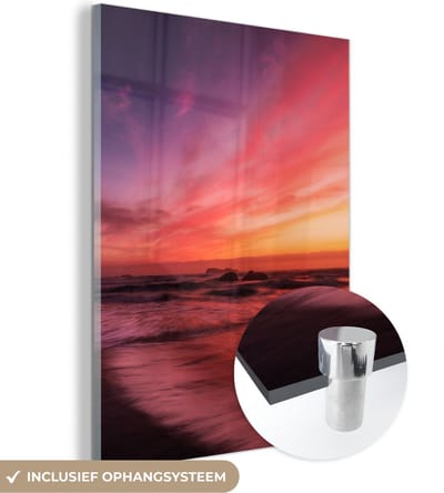 MuchoWow® Glasschilderij 30x40 cm - Schilderij acrylglas - Strand - Zee - Natuur - Avond - Foto op glas - Schilderijen