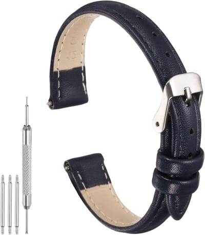 Leren horlogebandjes voor mannen en vrouwen, 12 mm, elegante reservearmband met snelsluiting, platte en slanke stijl, donkerblauw, inclusief gereedschap voor eenvoudige montage