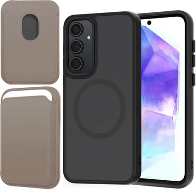 Hoesje + Pasjeshouder geschikt voor Samsung Galaxy A55 - Portemonnee geschikt voor MagSafe - Magnetisch - Pasjes Houder - Creditcardhouder - Taupe