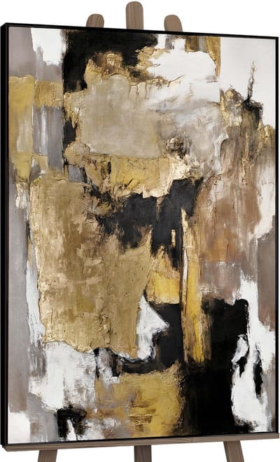 Canvas schilderij groot handgeschilderd gouden fragmenten abstract luxe – YS-Art Gallery – Luxe wanddecoratie voor woonkamer – Modern schilderij voor hal en kantoor