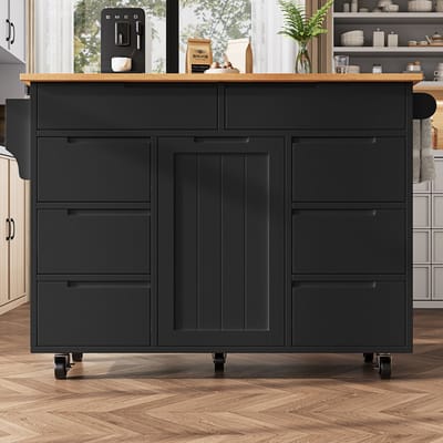 MODFU Keukeneiland - Uitklapbaar Werkblad En 8 Lades - Modern - Keuken - MDF - Zwart - 122 X 46 X 91,5 Cm