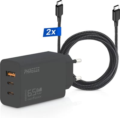 65w usb C Lader met 3 Poorten (2x usb-C, 1x usb-A) - Inclusief 2x usb C Kabels 3 Meter - Supersnelle Adapter