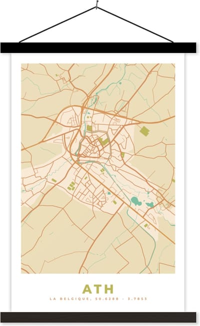 Posterhanger incl. Poster 40x60 cm - Schoolplaat - Kaart - België - Stadskaart - Plattegrond - Ath - Textielposter - Zwarte latten - Stadskaart