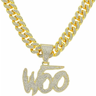 Ketting van hipster-hiphoplegering met met diamanten ingelegde, overdreven Woo-letter-hangerpersoonlijkheid beige
